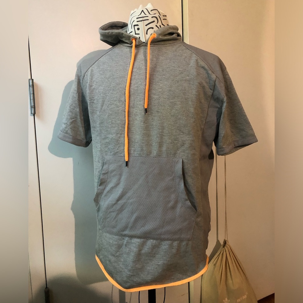 Men's Short-Sleeve Hooded Pullover in Gray with Orange Drawcords